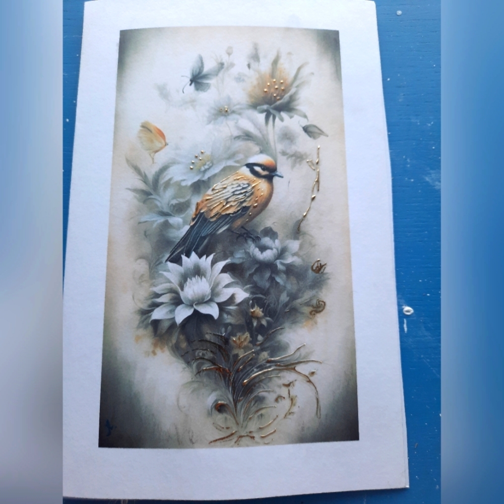 RESERVED RENEA arthone colorful Bird and golden details / Handmade card